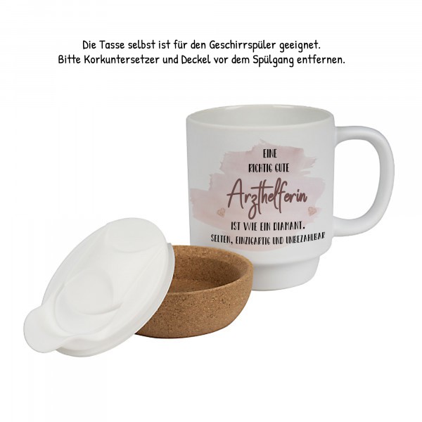 Geschenk Arzthelferin Keramiktasse mit Korkboden und Spruch „Eine richtig gute Arzthelferin ist wie ein Diamant…“ Abschied | Rente | Danke