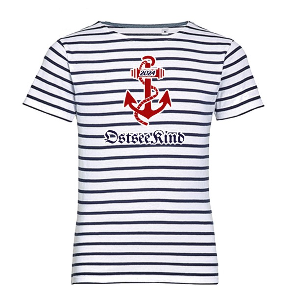 Kinder-Ringel-Shirt kurzarm„Ostseekind“ mit Anker royalblau/weiß Marine-Stil